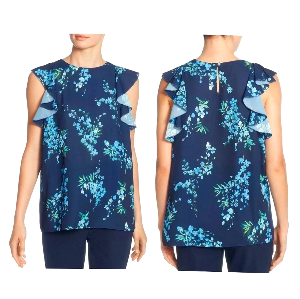 T Tahari Womens Navy Floral Print Ruffled Blouse T